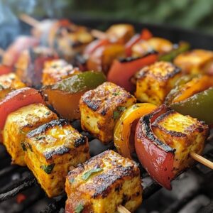 Paneer tikka on skewers getting grilled on barbecue